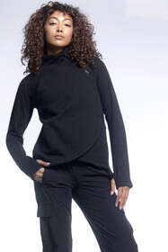 Alexo Athletica Women's Concealed Carry Swift Crossover Sweater in Black has turned thumbholes on the sleeves